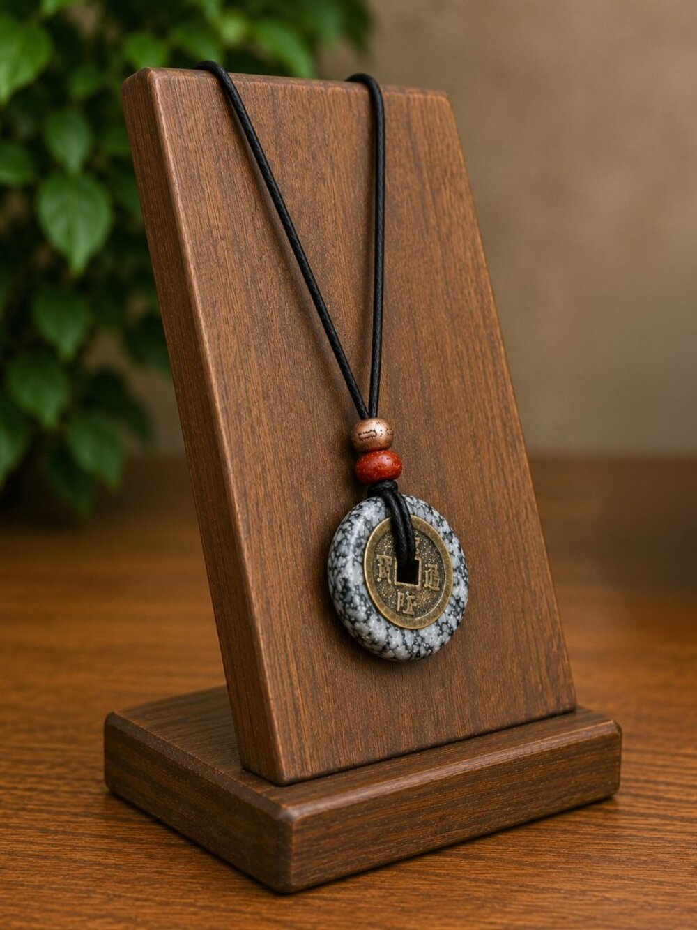 Black Crazy Lace Agate and Lucky Coin Pendant | Handmade - Picture 4 of 7